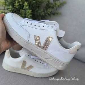 Veja V-12 Leather White Sable Sneakers made with Rose Gold Swarovski Crystals